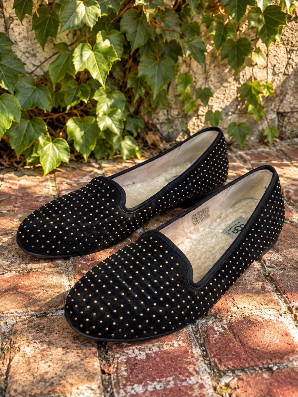 UGG Black Studded Suede Smoking Slippers with Shearling Lining, 11